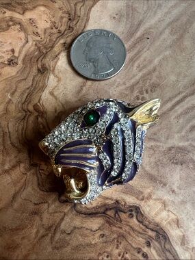Kenneth Jay Lane Gold-Tone Tiger Head Brooch with Purple Enamel and Green Eye